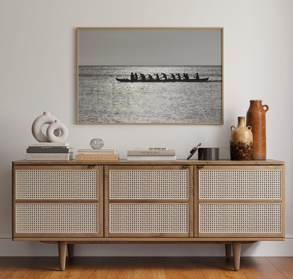 Hanalei Outrigger Canoe Sunrise Silhouette Black and White Poster - Image 4