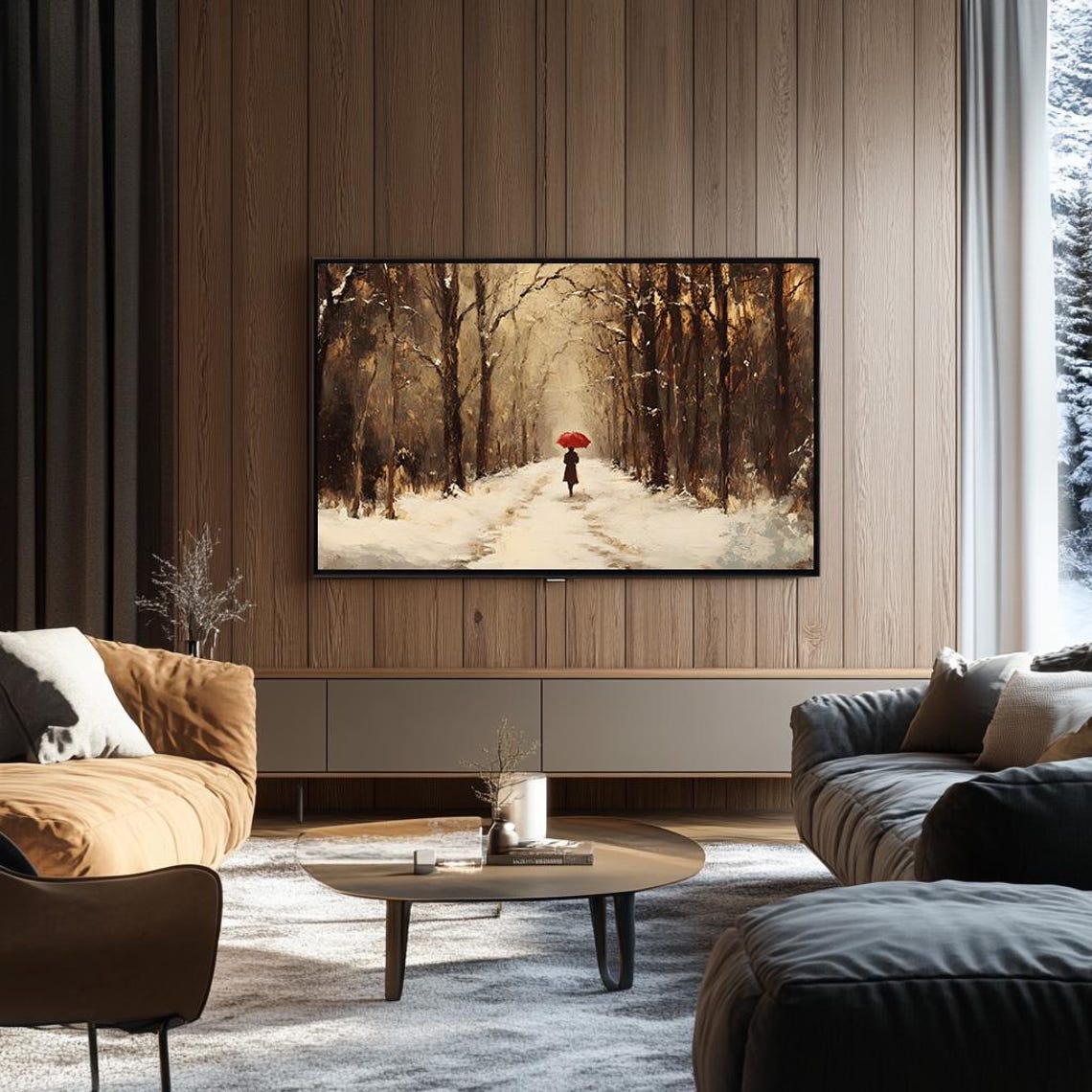 Solitary Figure with Red Umbrella on Snowy Forest Path Poster - Image 3