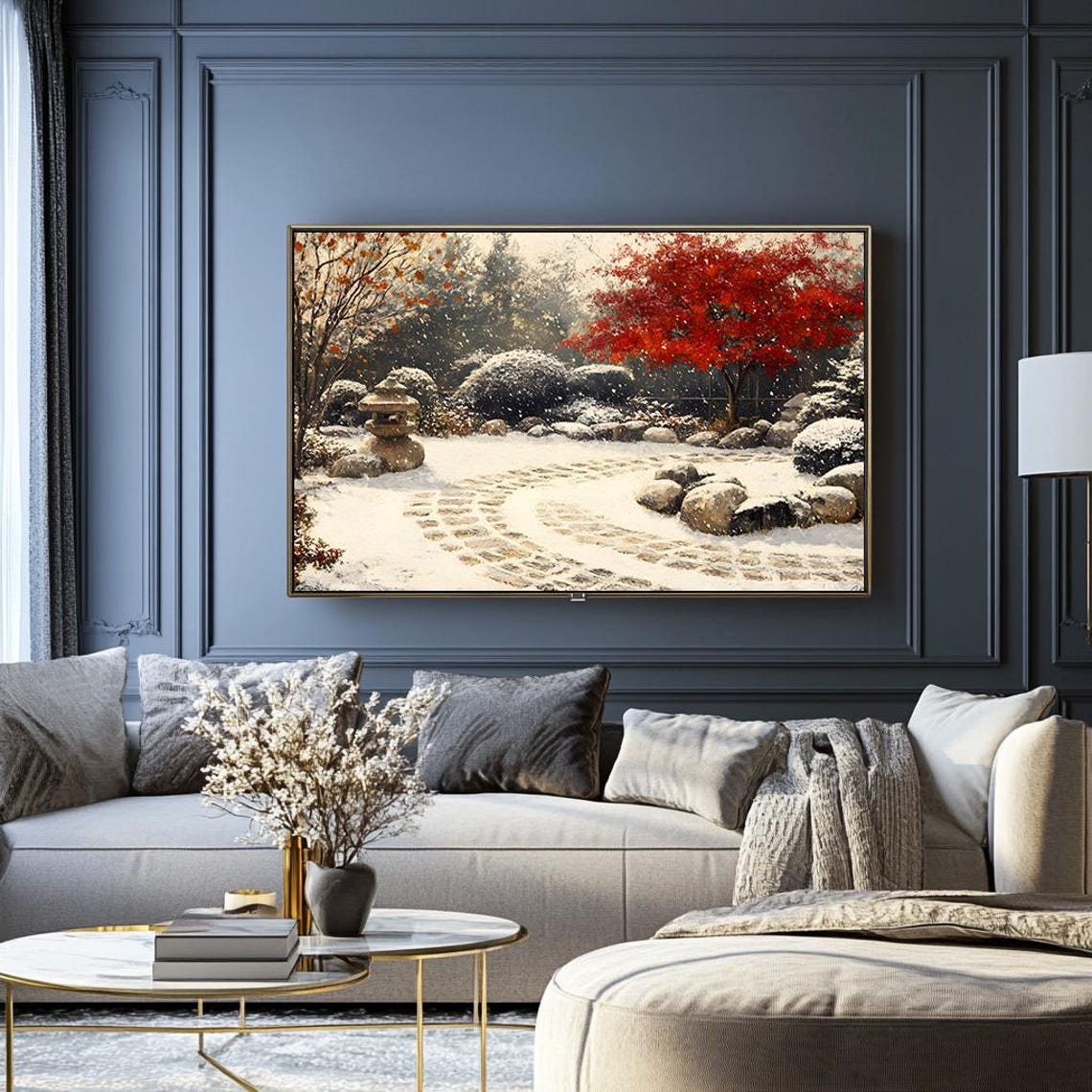 Snowy Zen Garden with Stone Lantern and Red Maple Tree Poster - Image 2