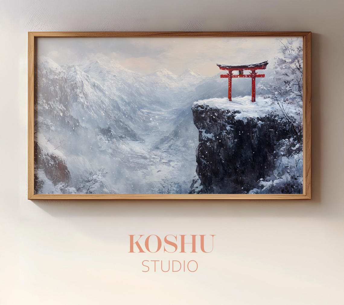 Solitary Red Torii Gate on a Snowy Cliff Overlooking Peaks Poster