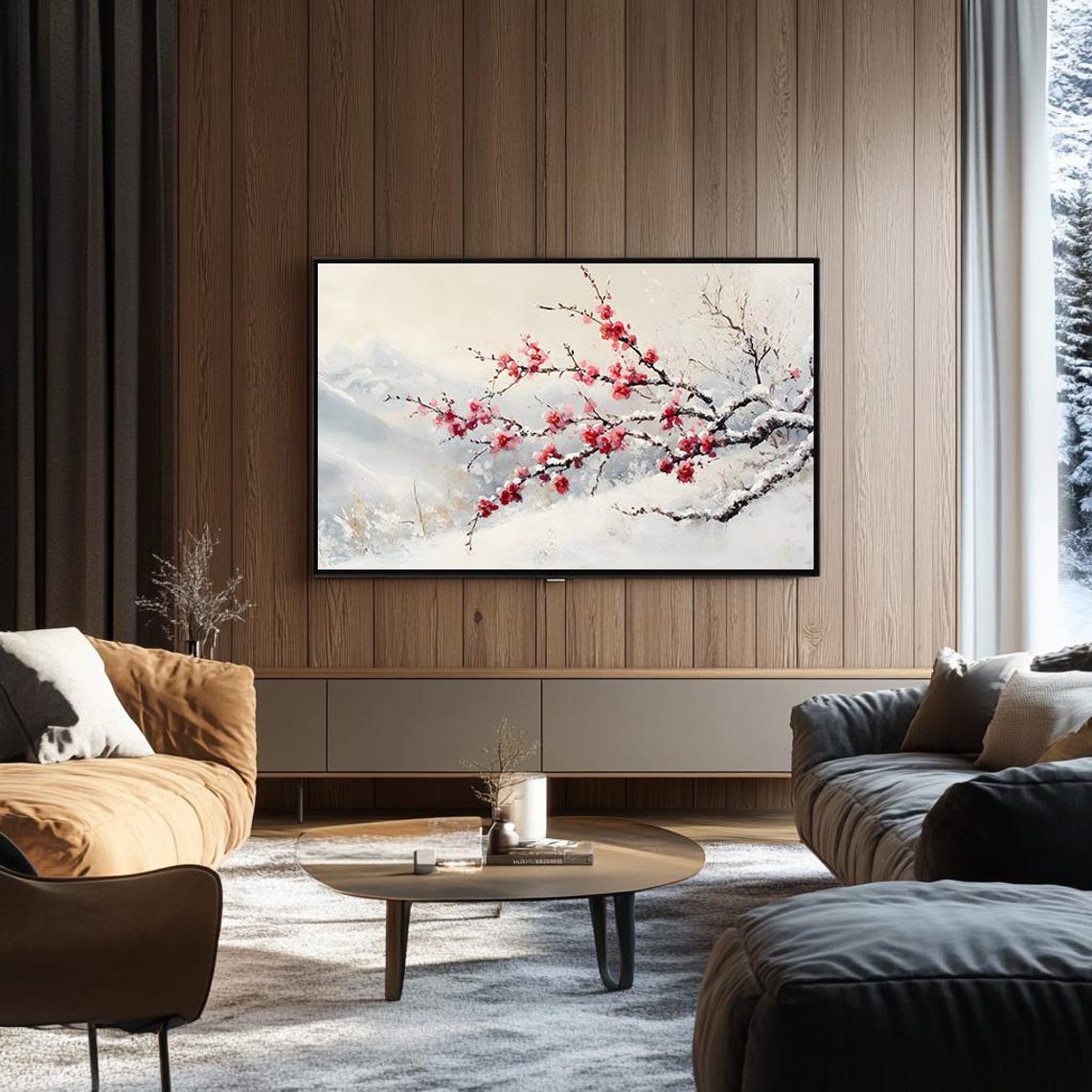 Red Cherry Blossom Branch Blooming in Fresh Snow Winter Poster - Image 3