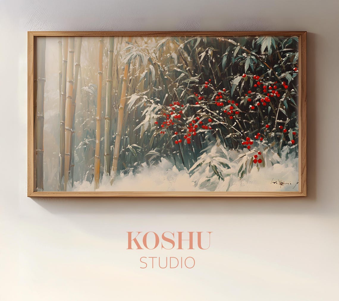 Snowy Bamboo Grove with Red Winter Berries Japanese Forest Poster