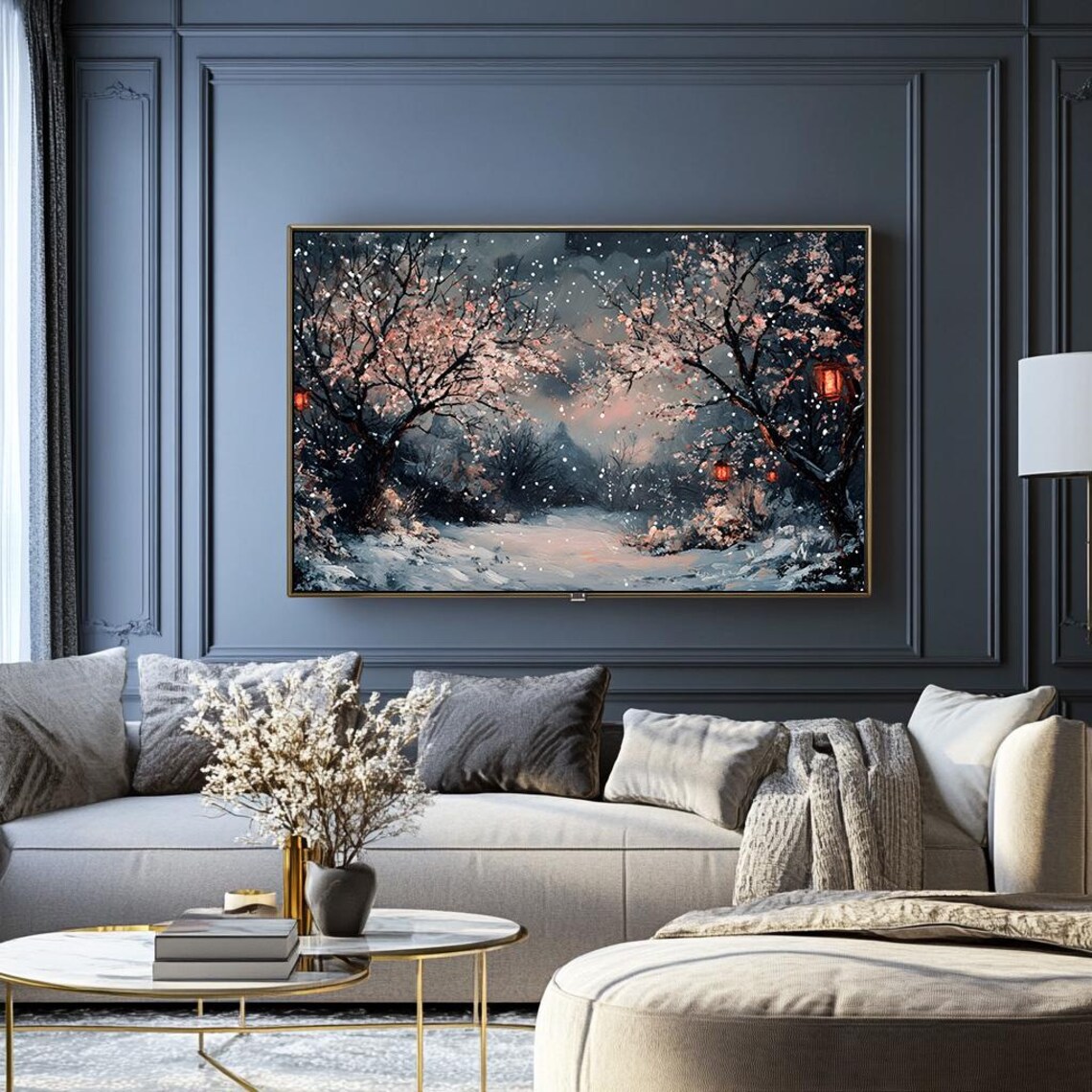 Snowy Cherry Blossom Path at Night with Lanterns Japanese Poster - Image 2