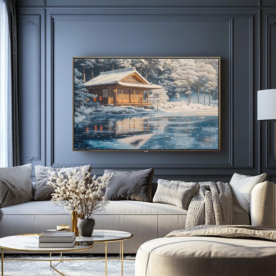 Snowy Tea House Beside an Icy Lake with Reflections Winter Poster - Image 2