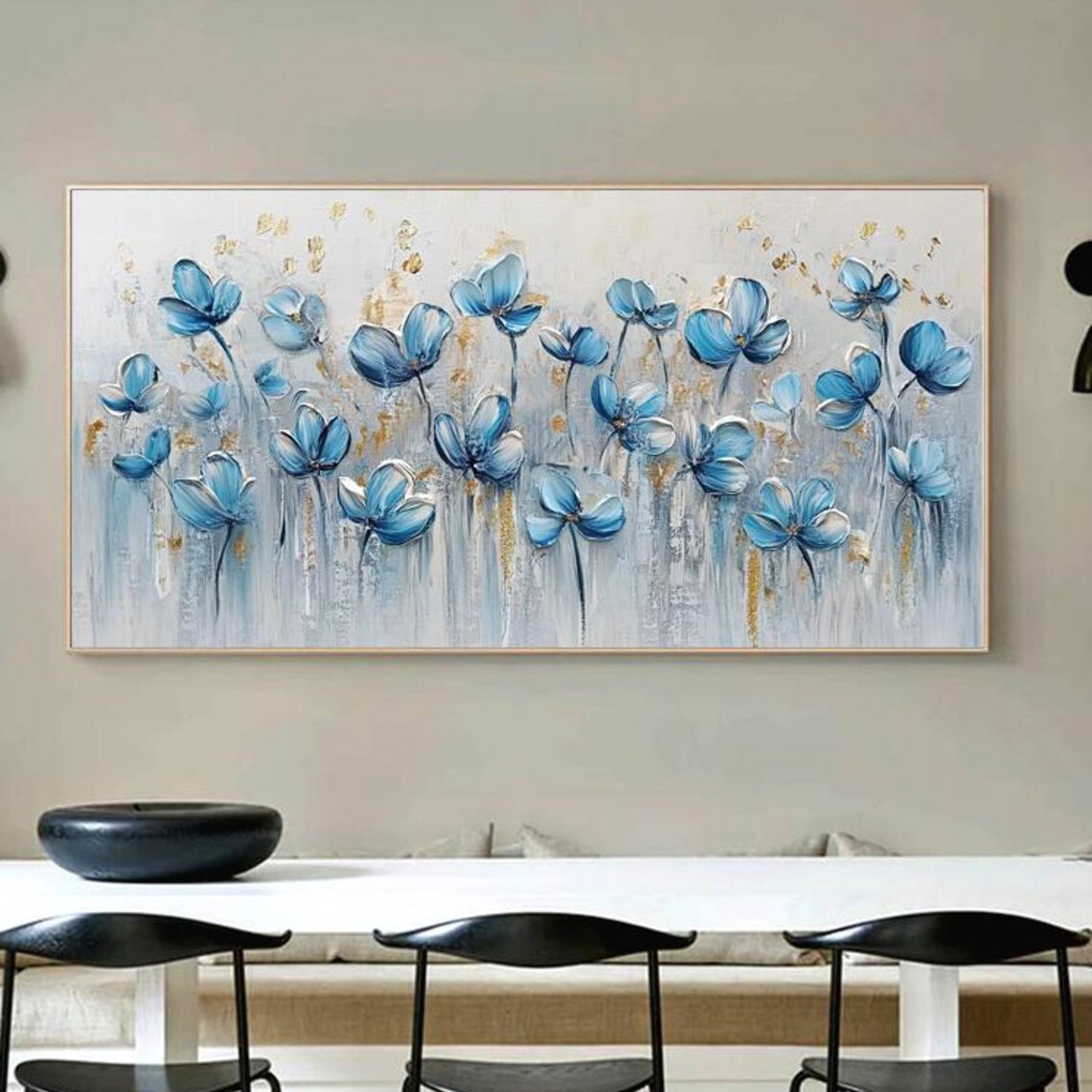 Delicate Blue Wildflowers Sprinkled With Gold Panoramic Wall Art