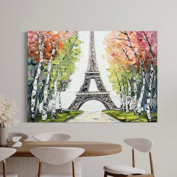 Hand Painted Landscape Oil Painting Eiffel Tower With Forest Abstract Art Wall Decor For Living Room Entryway Dining Room