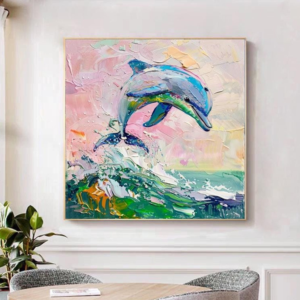 Joyful Leaping Rainbow Dolphin Over Sparkling Green Ocean Wave Poster