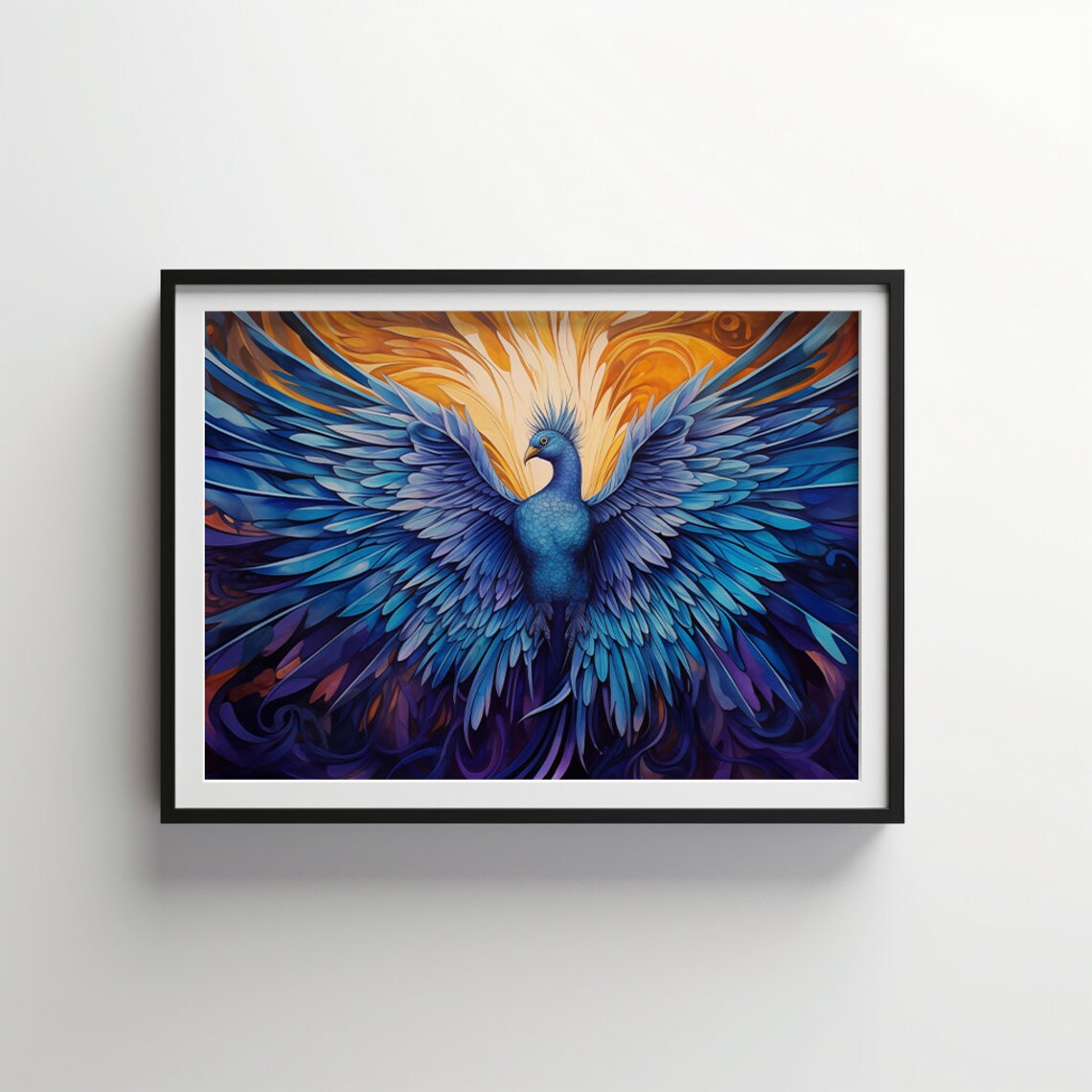 Phoenix Reborn With Blue Wings Against Golden Flames Fantasy Poster