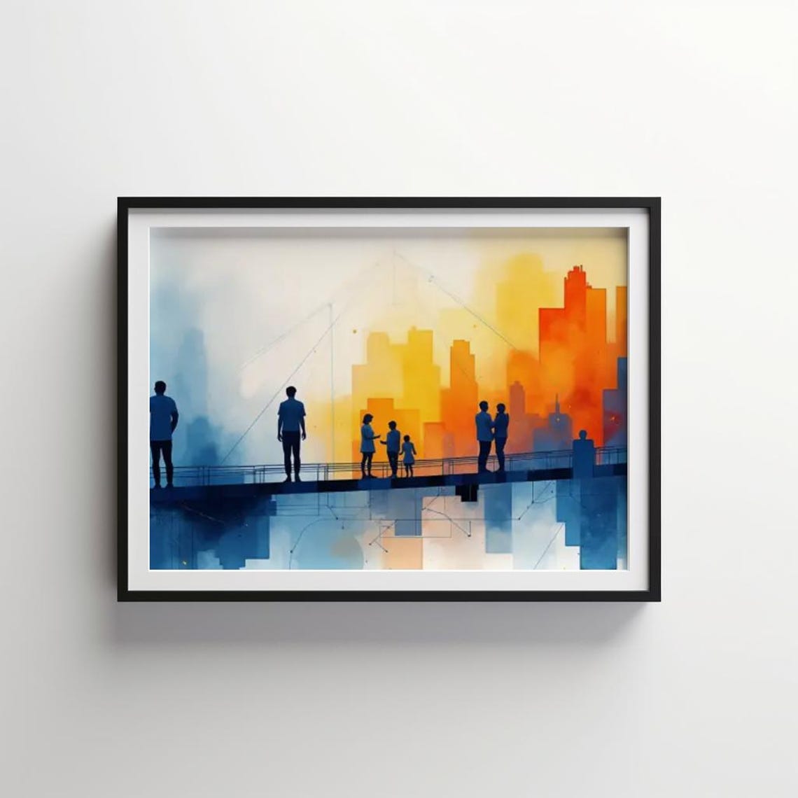 Silhouetted Figures Crossing Bridge at Sunset Skyline Art Poster