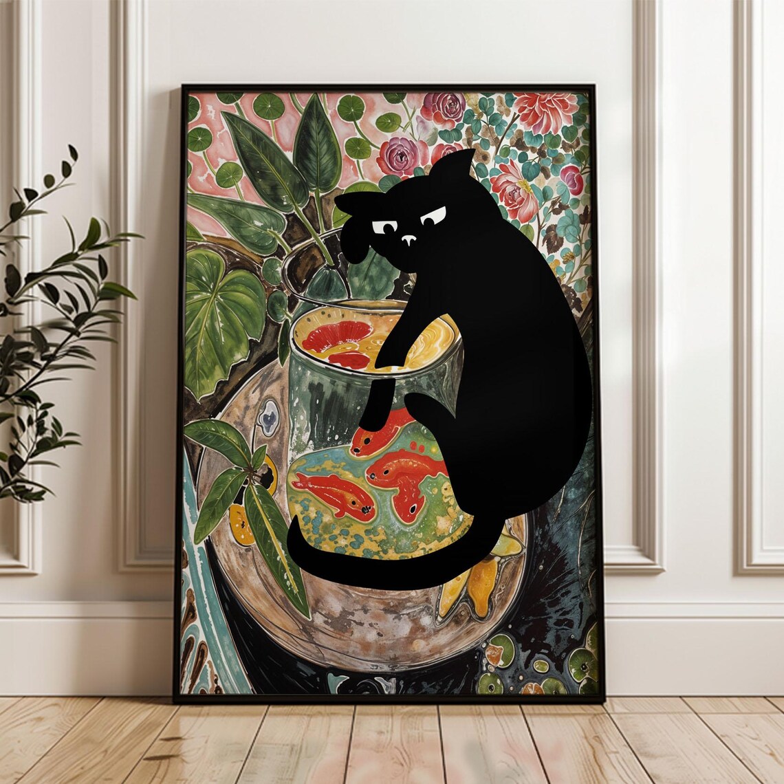 Henri Matisse Style Black Cat With Goldfish Bowl Botanical Art Poster