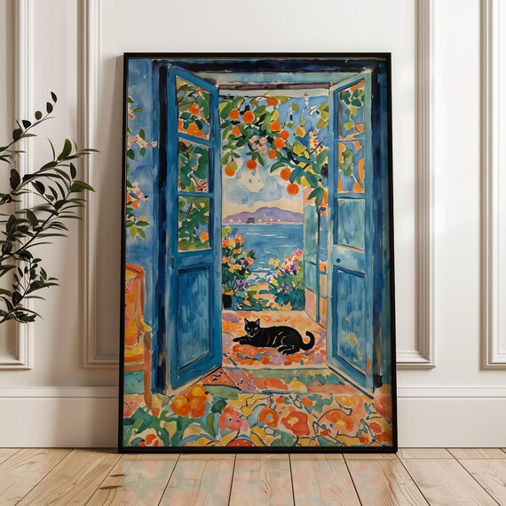 Henri Matisse Style Black Cat At Blue Doors Sea View Fauvist Poster