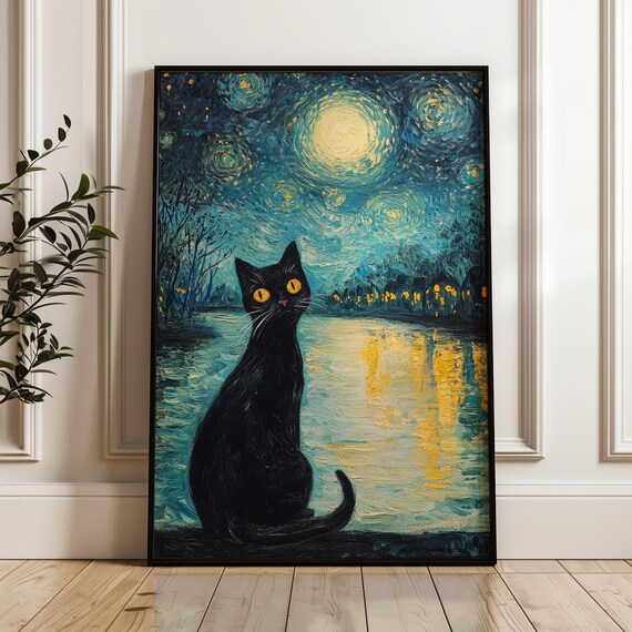 Black Cat With Yellow Eyes Under the Starry Night Sky Poster