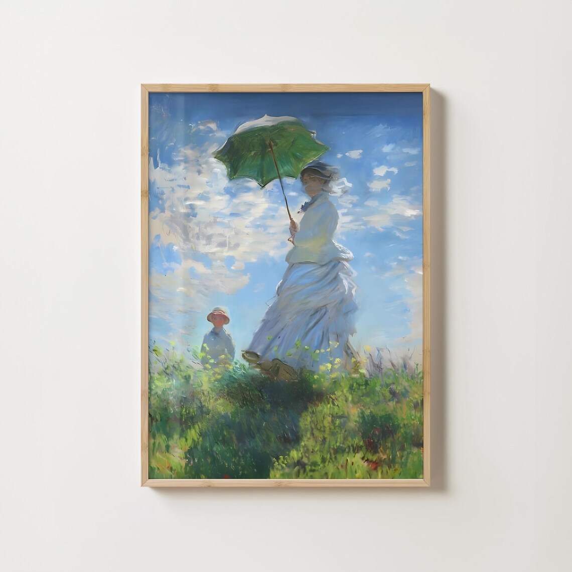 Monet Inspired Woman With Green Parasol Grassy Hill White Dress Poster - Image 3