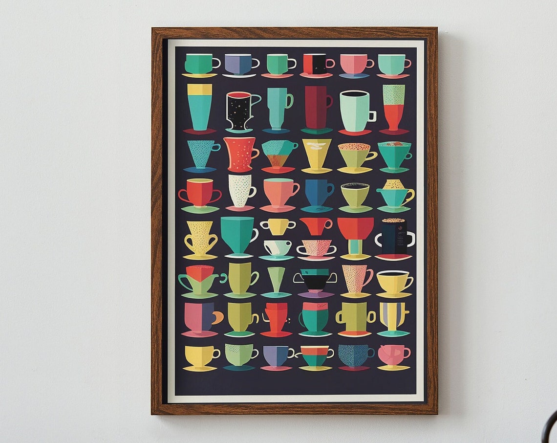 Retro Coffee Cup Collection Colorful Grid Cafe Kitchen Wall Poster