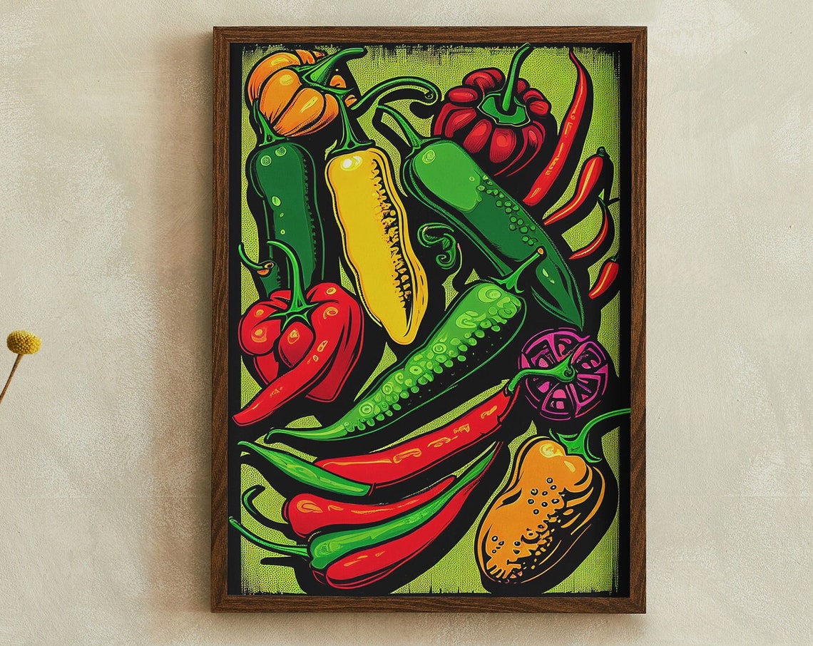 Colorful Hot Chili Peppers Pop Art Bold Kitchen Decor Poster