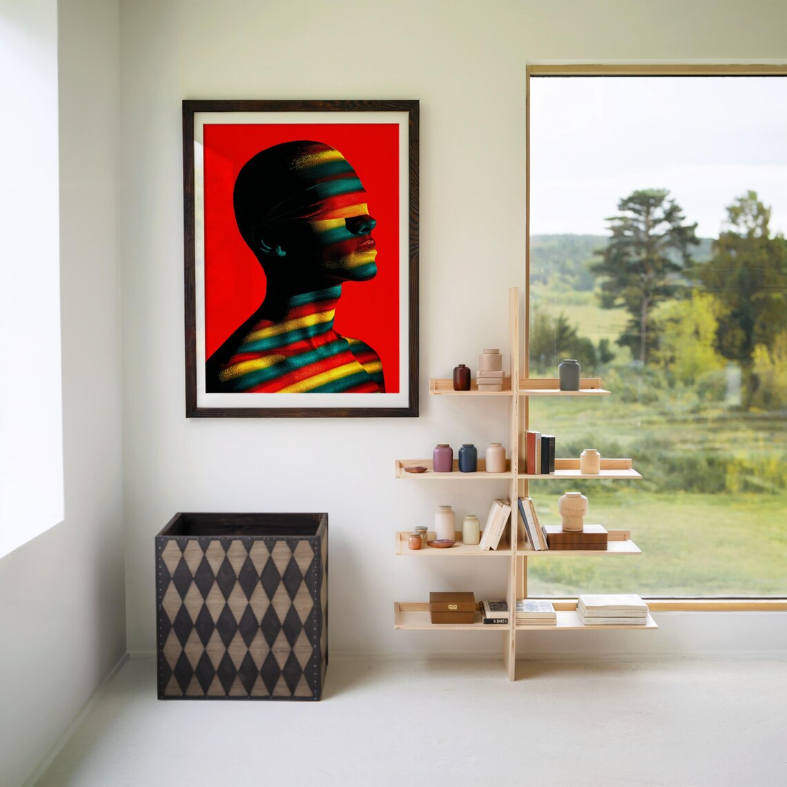 Abstract Profile Portrait With Horizontal Rainbow Stripes On Red Poster