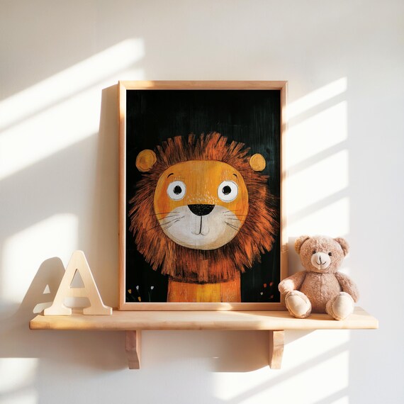 Friendly Lion Face Cartoon Rustic Mane Kids Nursery Wall Art