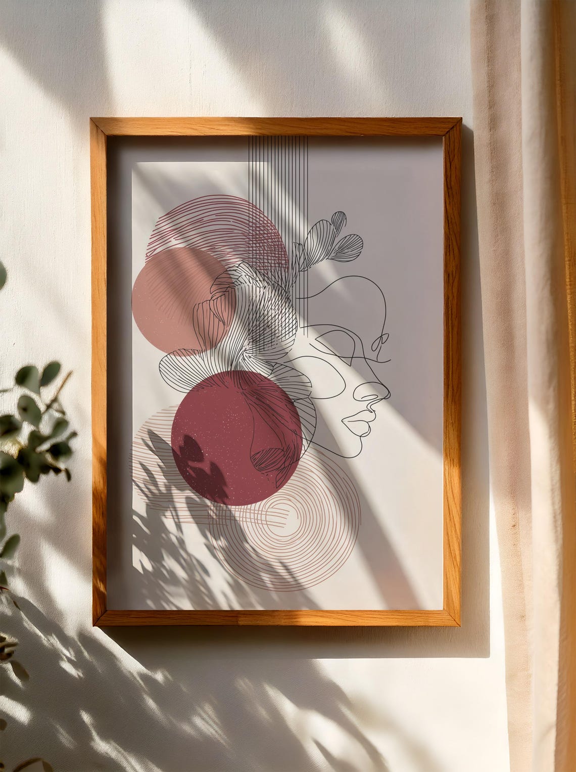 Abstract Woman Face Line Art Mauve Circles Modern Wall Poster