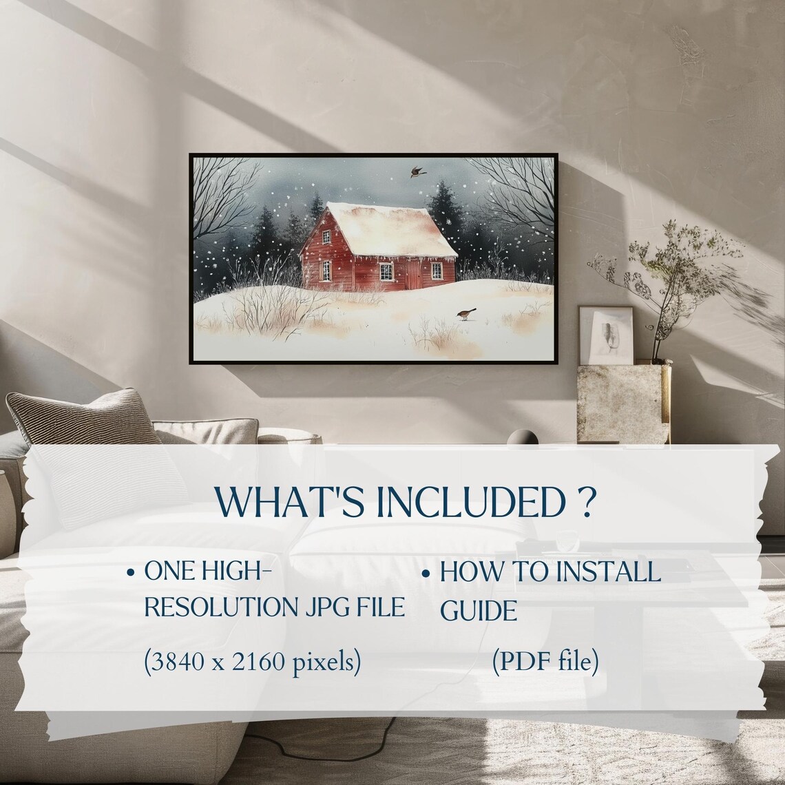 Red Barn In Winter Wonderland Watercolor Snow Birds Scene Poster - Image 2