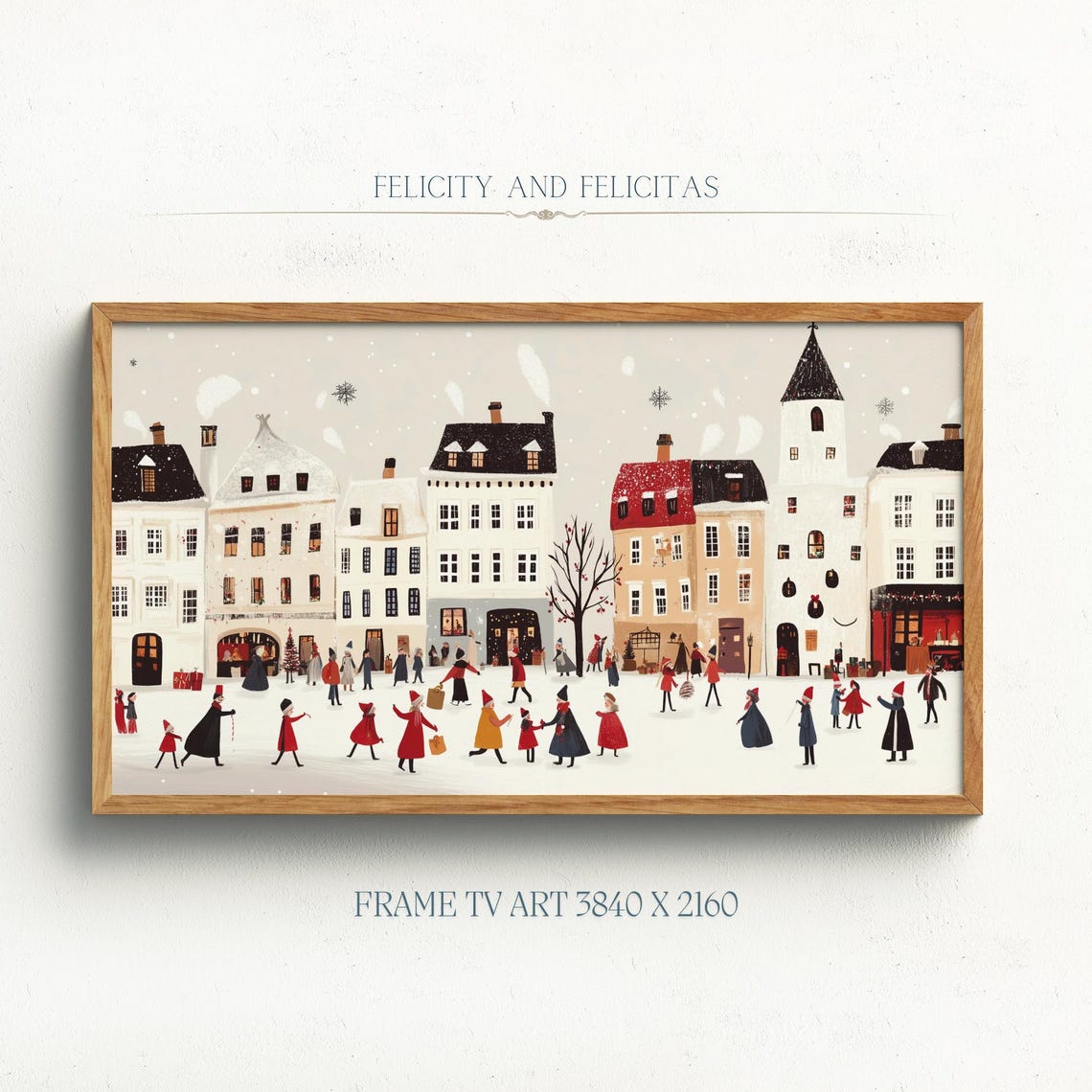 Retro Winter Town Square Red Cloaks Church Snow Charming Wall Art