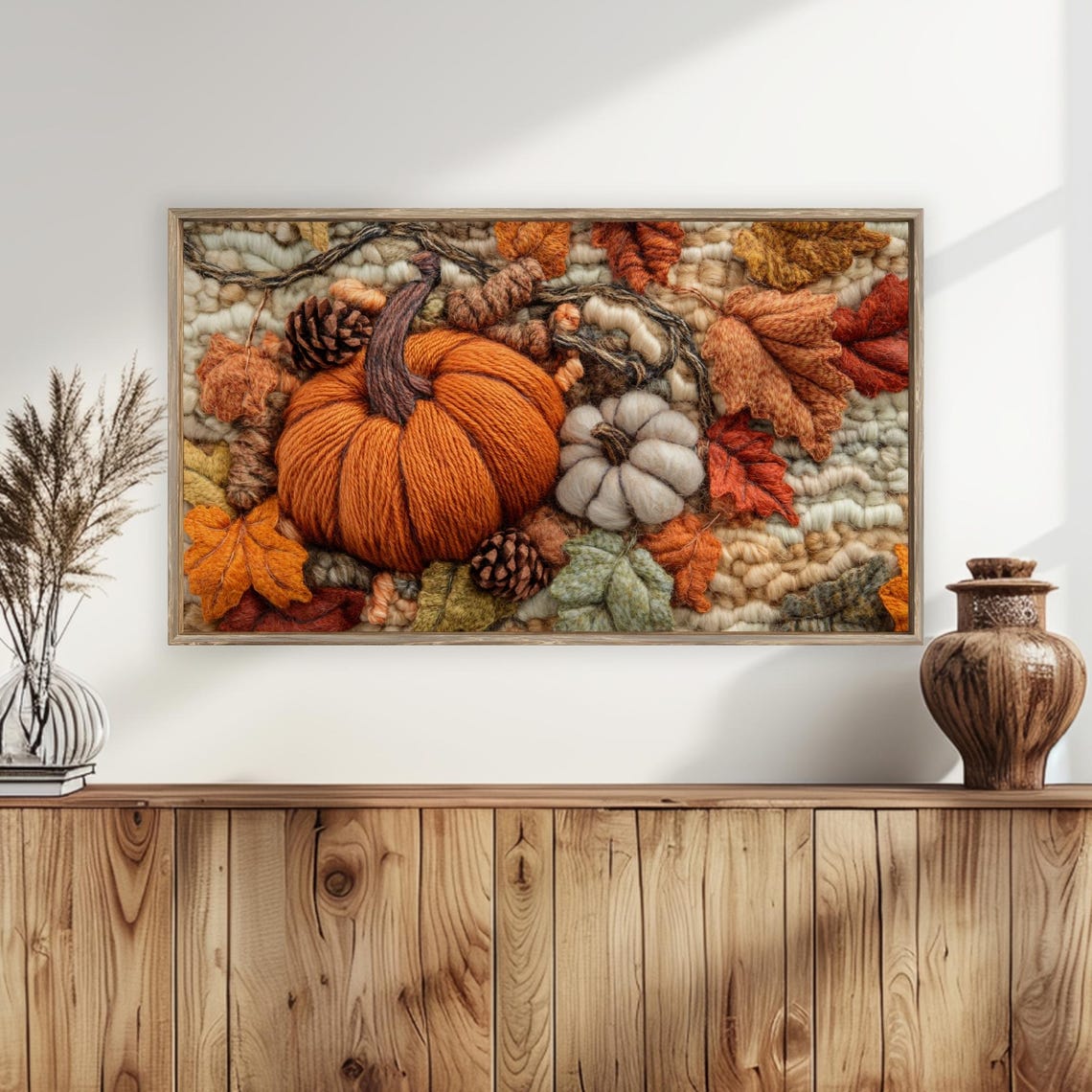 Woven Yarn Pumpkin Autumn Leaves Textured Fiber Art Fall Poster - Image 5