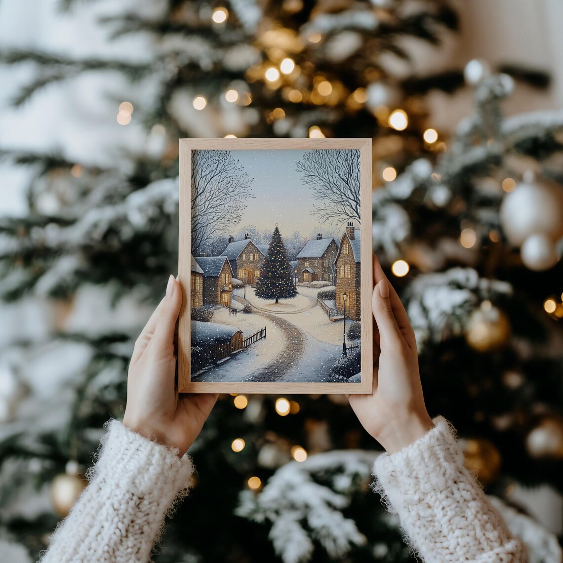 Cozy Christmas Town Street Tall Tree Snowy Village Scene Poster - Image 5