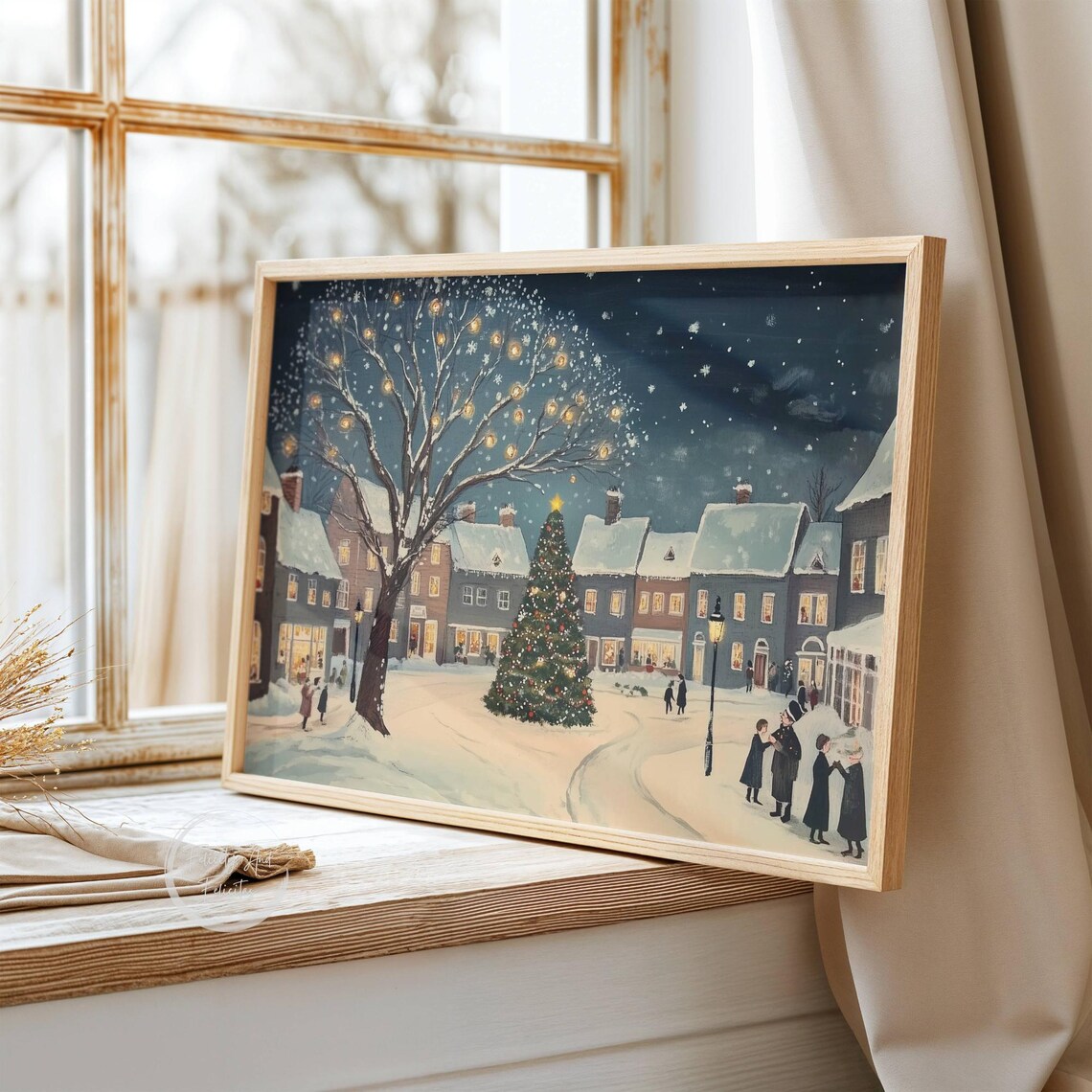 Christmas Eve Village Night Tree Carolers Lamppost Snow Poster - Image 3