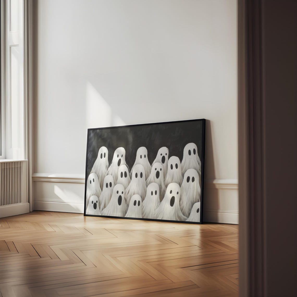 Cute Sheet Ghost Gathering Crowd on Black Spooky Fun Art Poster - Image 4