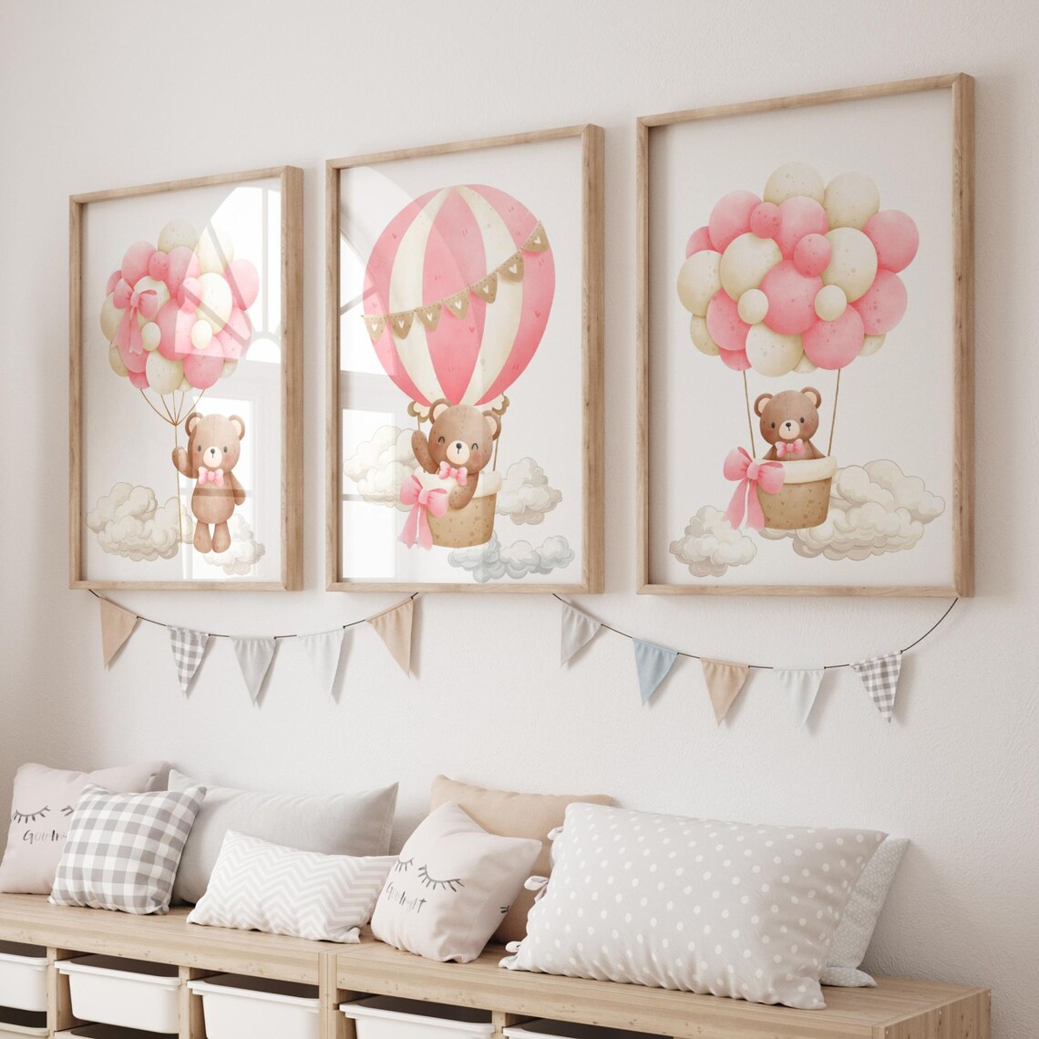 Pink Teddy Bear Hot Air Balloon Nursery Set Girl Room Wall Art