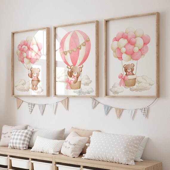 Pink Teddy Bear Hot Air Balloon Nursery Set Girl Room Wall Art