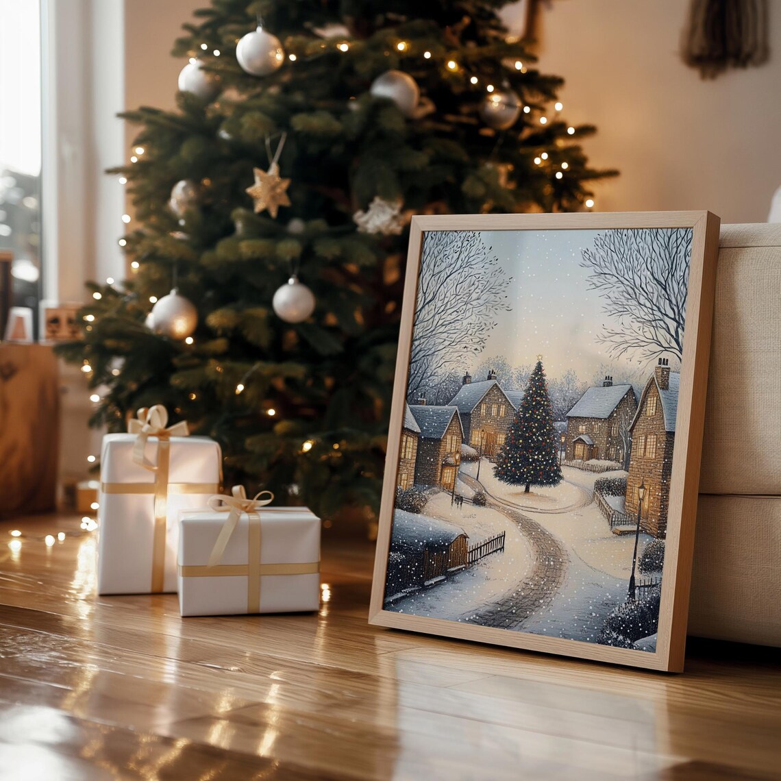 Cozy Christmas Town Street Tall Tree Snowy Village Scene Poster - Image 6