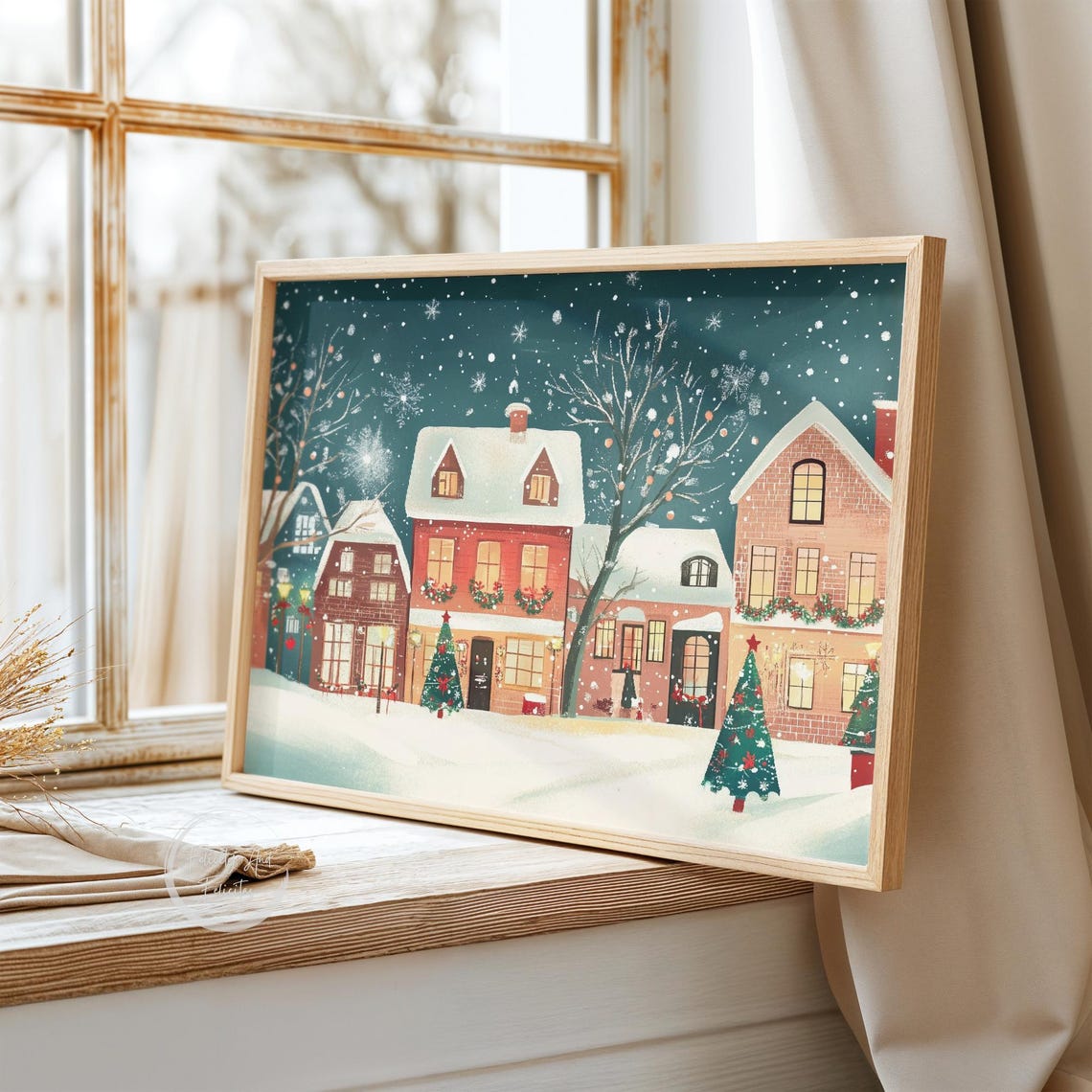 Christmas Evening Red Brick Houses Snow Roofs Street Art Poster - Image 3