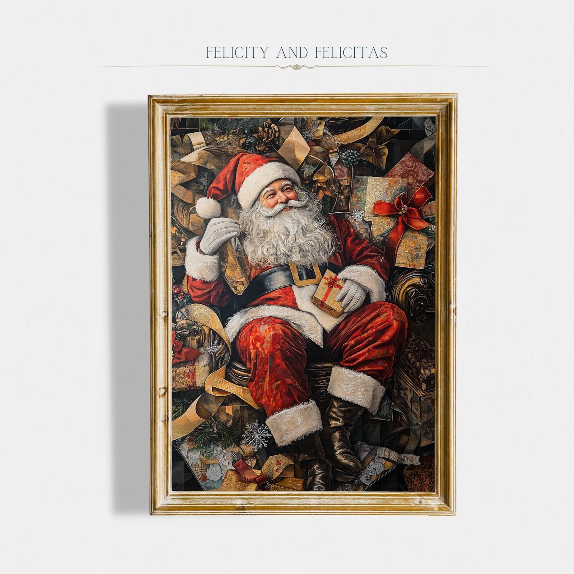 Antique Santa Claus Seated Among Gifts Dark Academia Style Poster