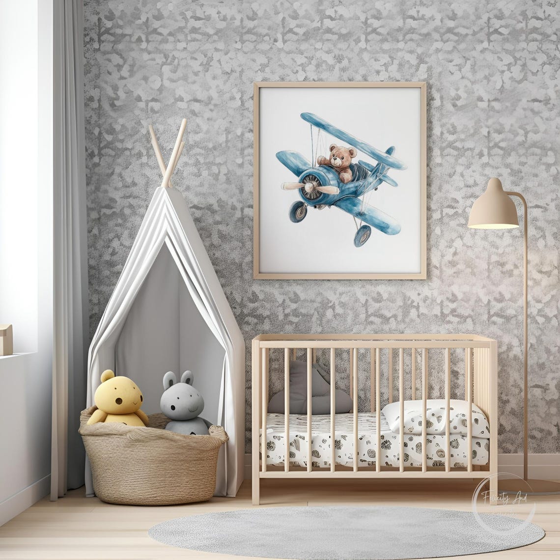 Teddy Bear Piloting Blue Biplane Watercolor Nursery Wall Art - Image 4