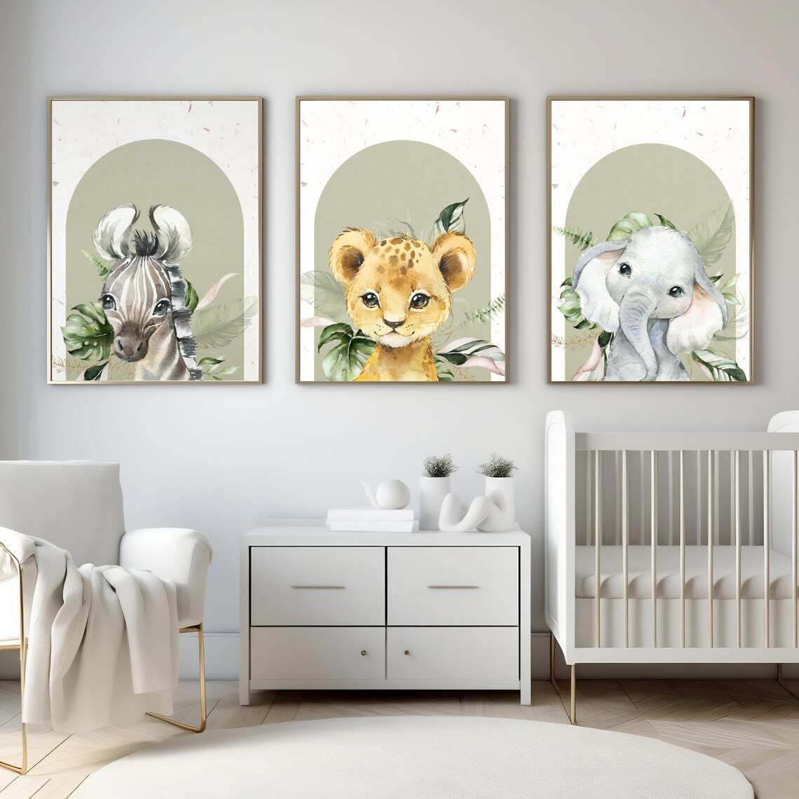 Safari Nursery Set Zebra Lion Cub Elephant Green Arches Wall Art - Image 4