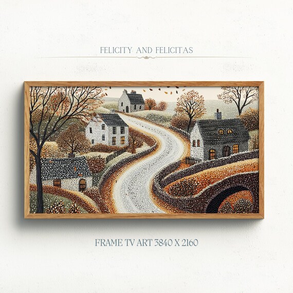 Autumn Village Road with Stone Bridge Cottages Folk Art Poster