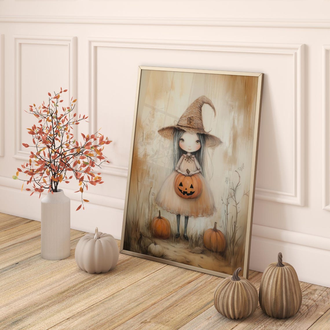Cute Little Witch Girl Holding Pumpkin Neutral Halloween Wall Art - Image 5