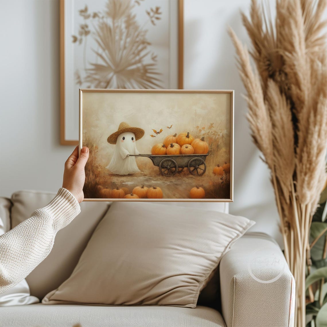 Cute Ghost Straw Hat Pushing Pumpkin Wagon Bats Halloween Wall Art - Image 6
