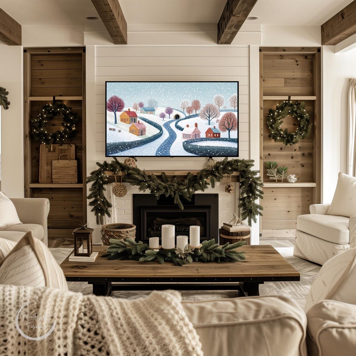 Snowy Village Winding River Cottages Falling Snow Dot Art Poster - Image 3