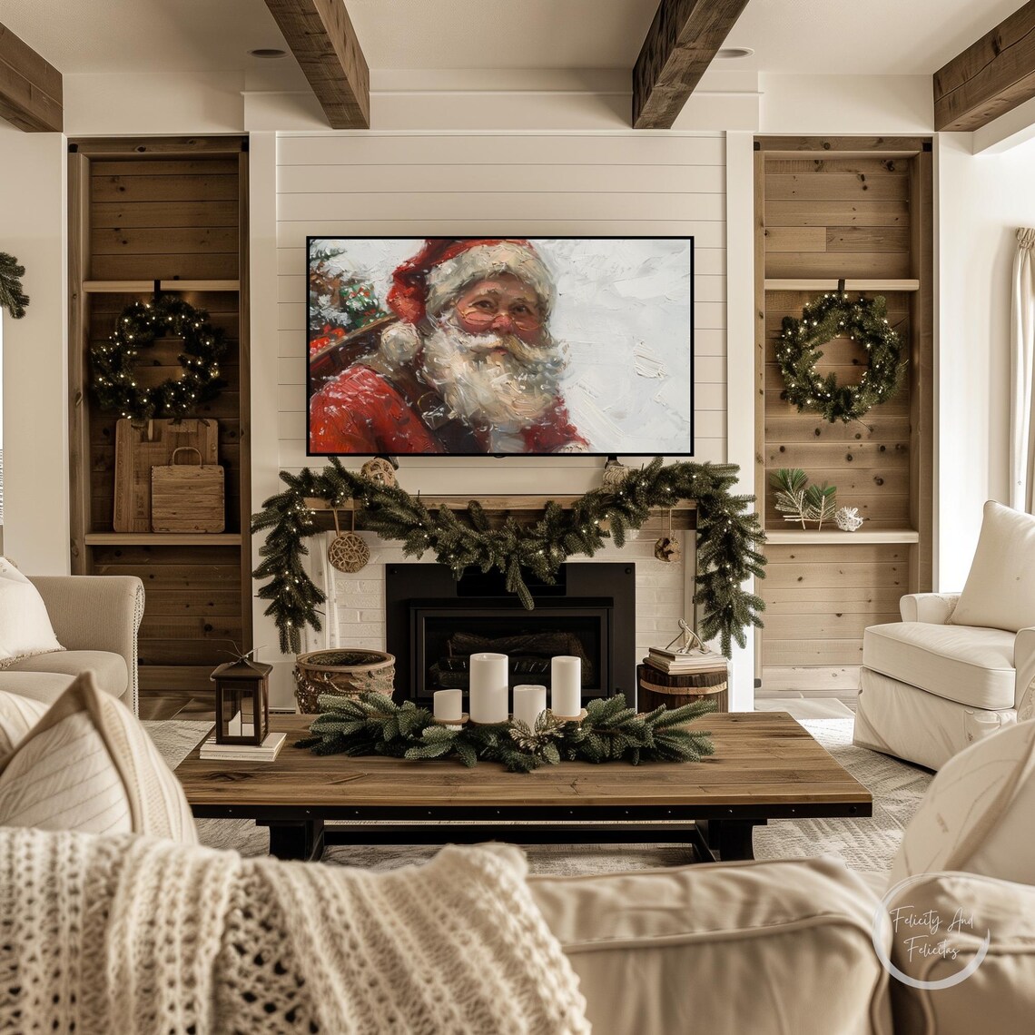 Vintage Santa Claus Portrait Snow Impasto Christmas Wall Art - Image 3