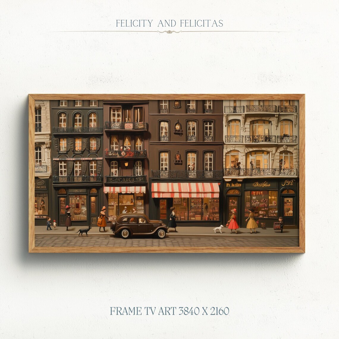 Retro European City Street Shops Vintage Car Dogs Scene Poster