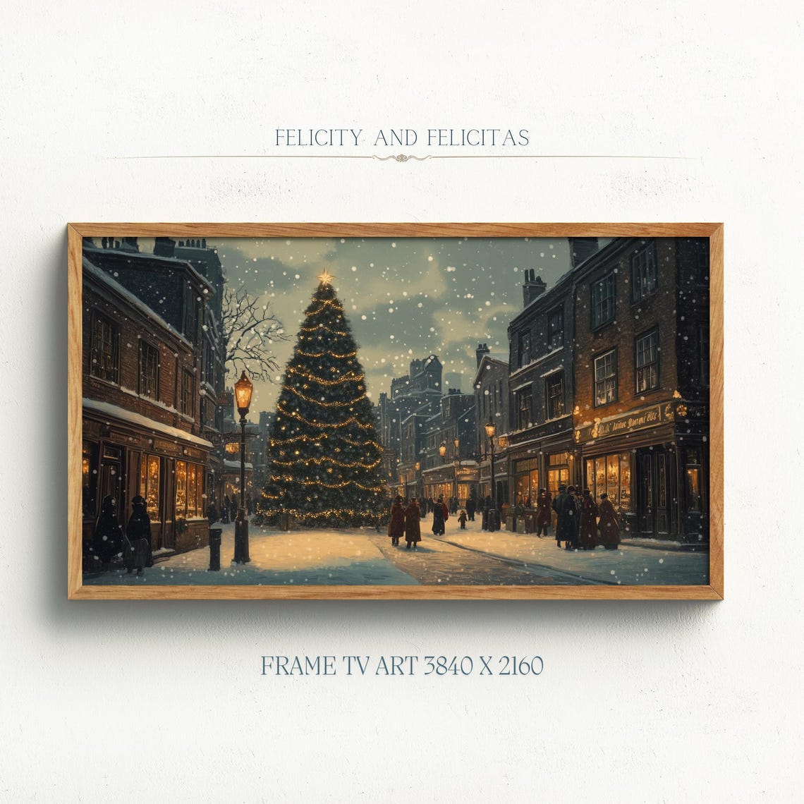 Vintage Christmas Town Square Evening Lit Tree Snowfall Poster