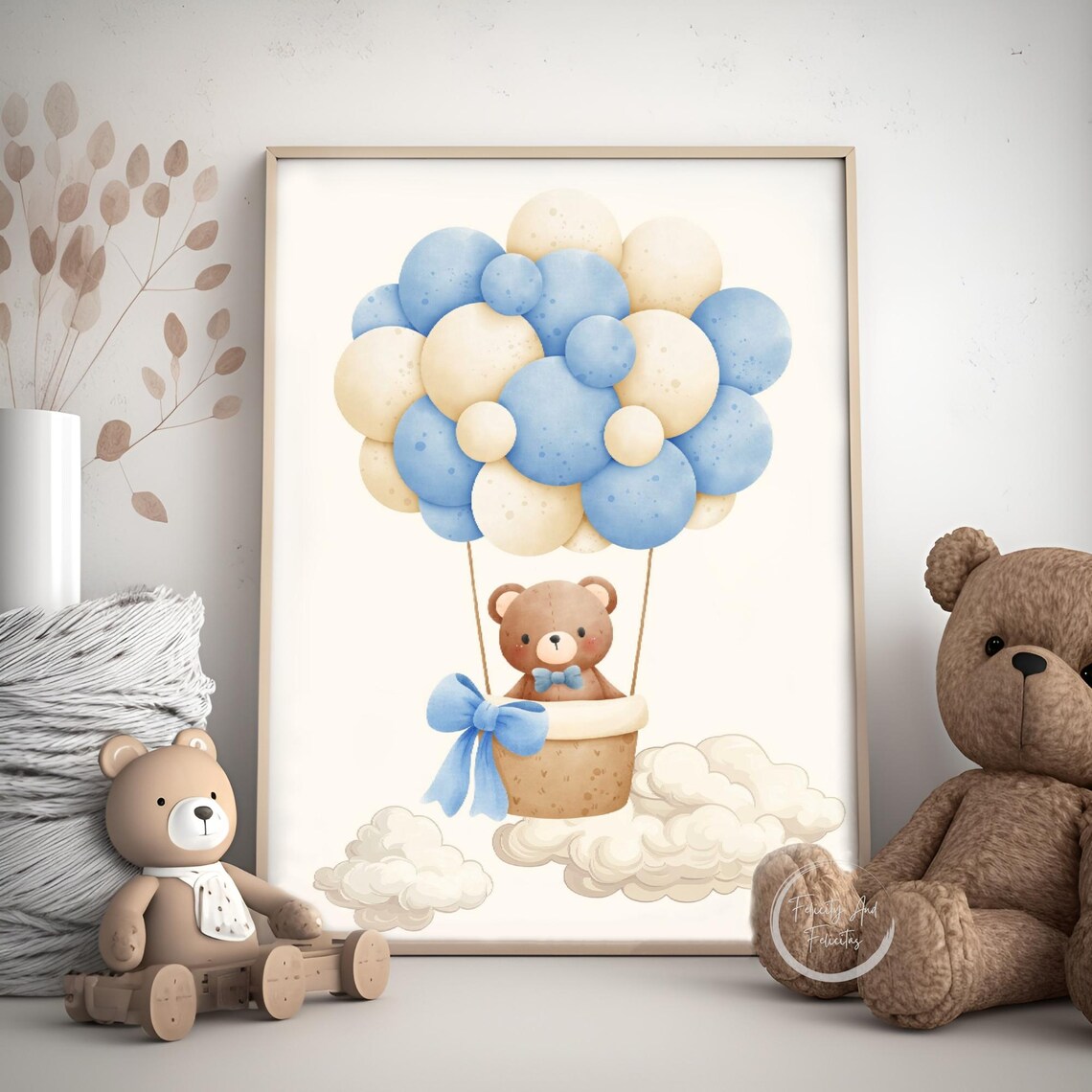 Blue Teddy Bear Hot Air Balloon Nursery Set Boy Room Wall Art - Image 5