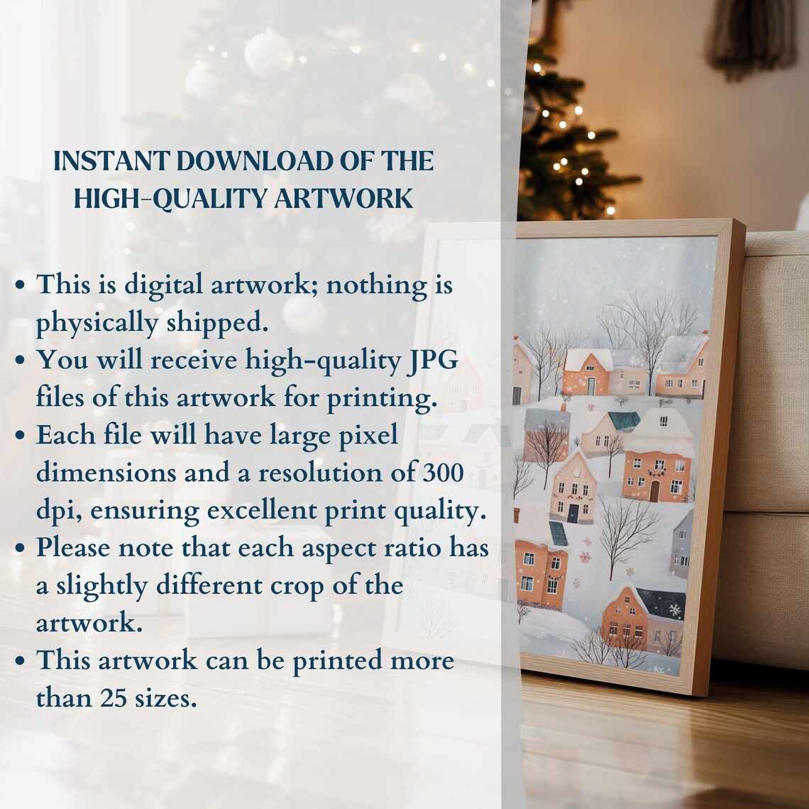 Snowy Hillside Village Peach Houses Pastel Winter Scene Poster - Image 3