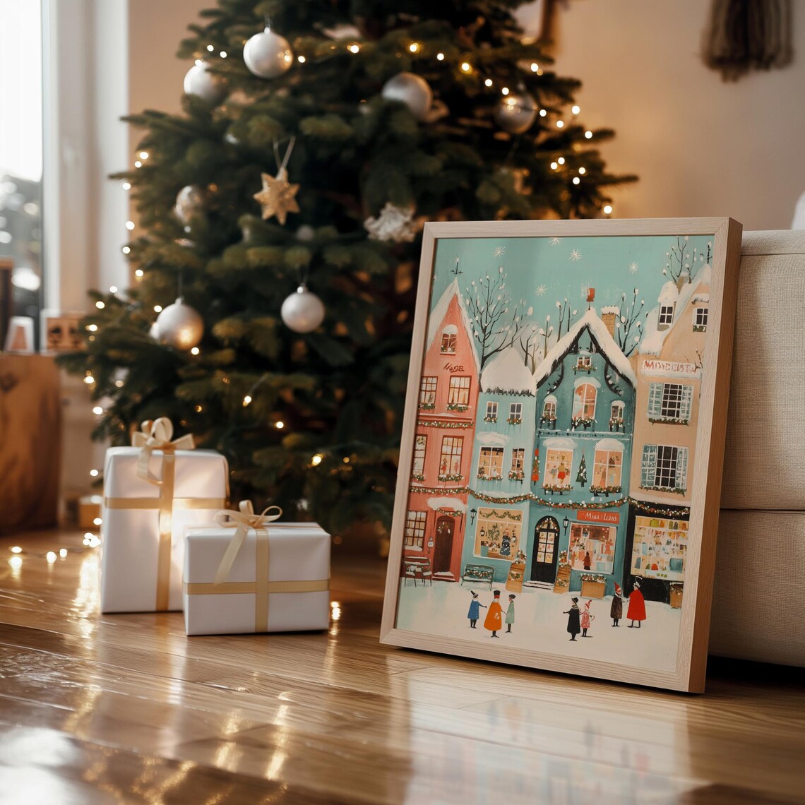 Charming Snowy Christmas Town Square Holiday Shops Folk Art Poster - Image 6