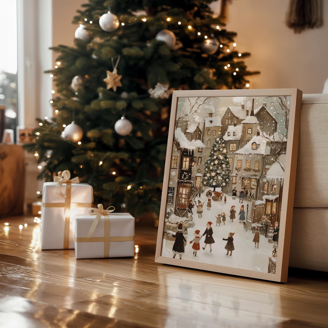 Snowy Winter Village Square Children Big Tree Holiday Poster - Image 6