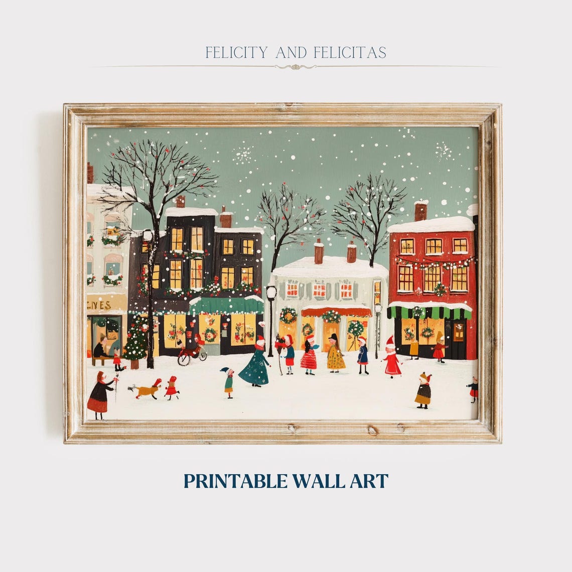 Cheerful Christmas Village Street Snow Shops Children Wall Art