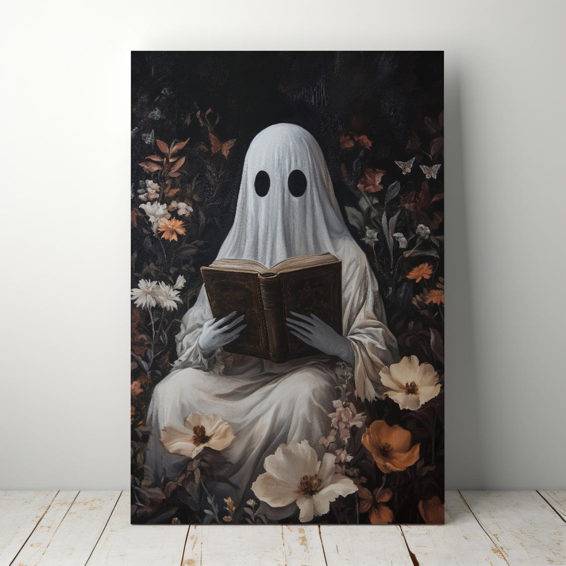 Ghost Reading Book Dark Floral Gothic Halloween Ornate Wall Art - Image 6