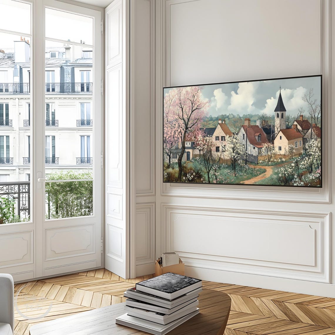 Spring Village Blooming Trees Church Spire Cottages Wall Art - Image 3
