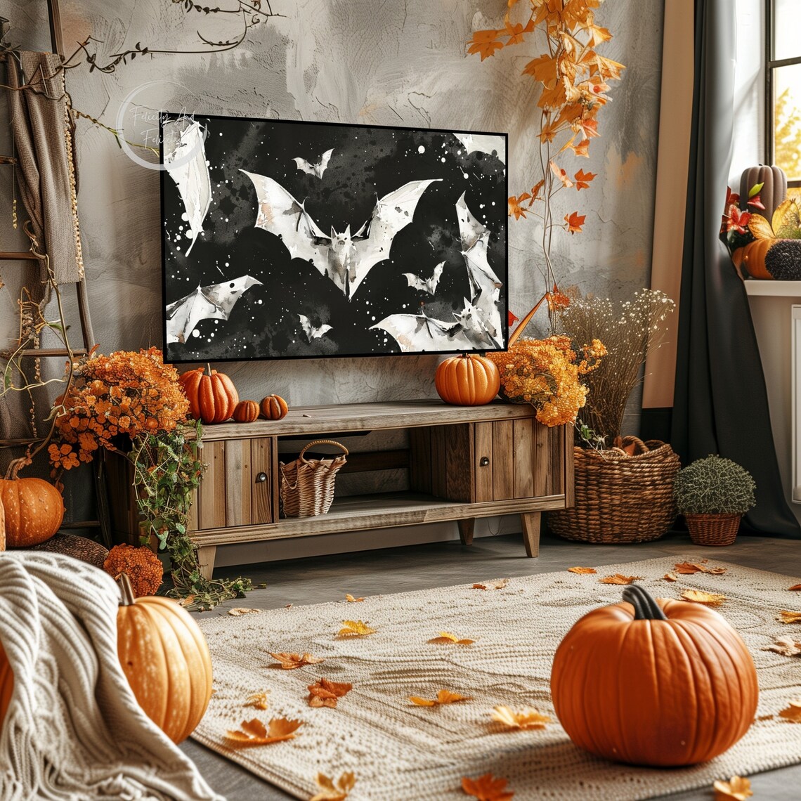 Black and White Watercolor Bats Flying in Night Sky Art Poster - Image 6